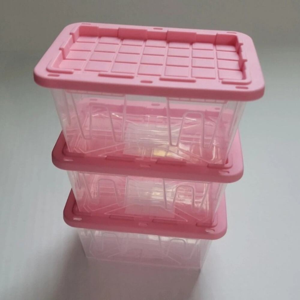 Set of 3 Lowe's Teeny Totes Clear Plastic Storage Bins with Pink Lids